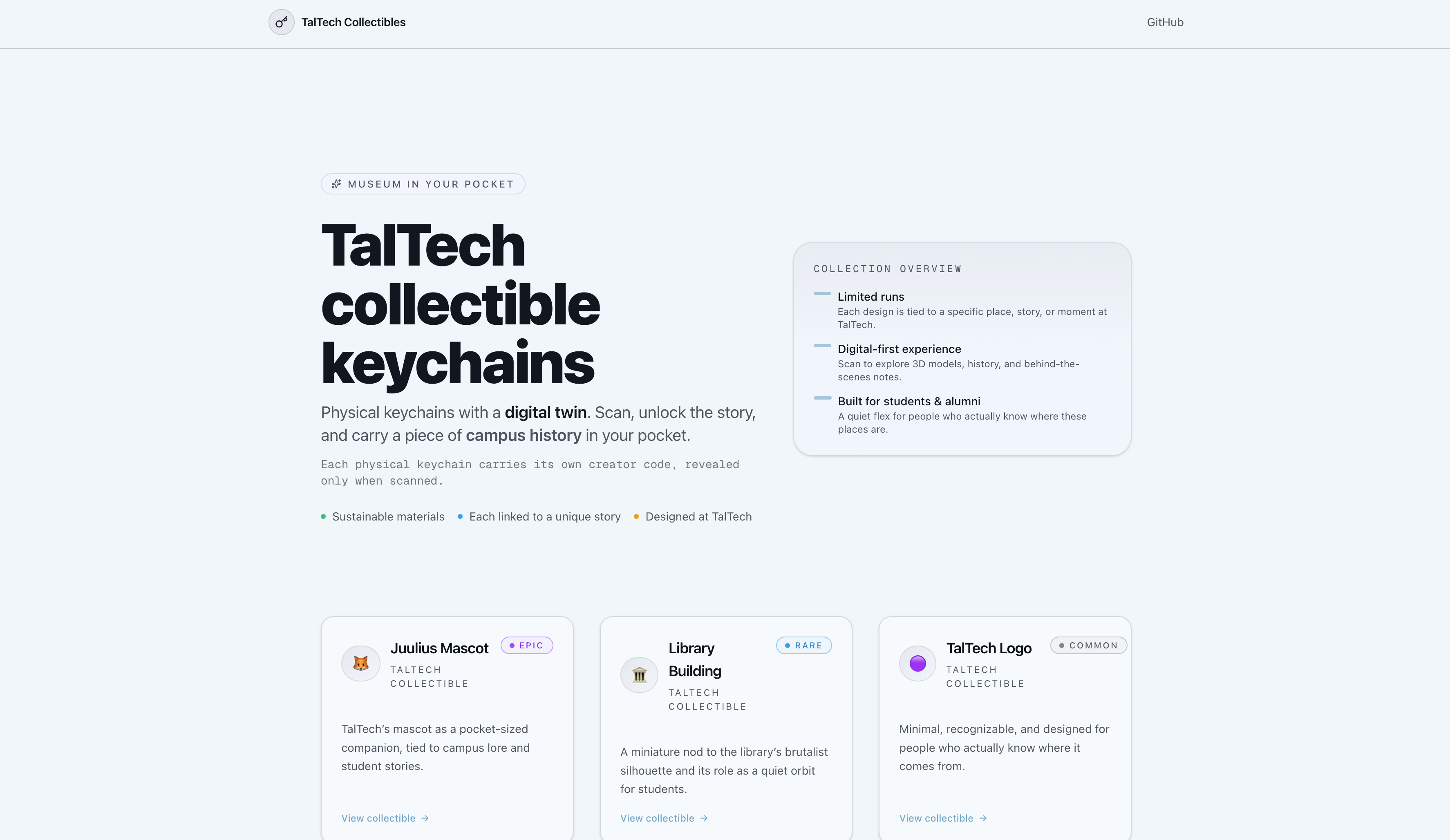 TalTech Collectibles web app preview